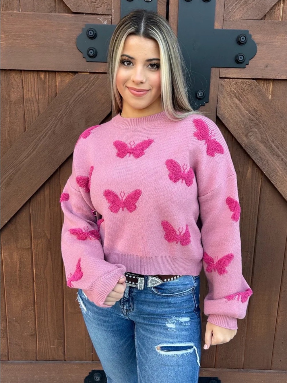 🌸💗🌺Simply Southern Pink Butterfly Crewneck Cropped Sweater - Women's Casual Knit